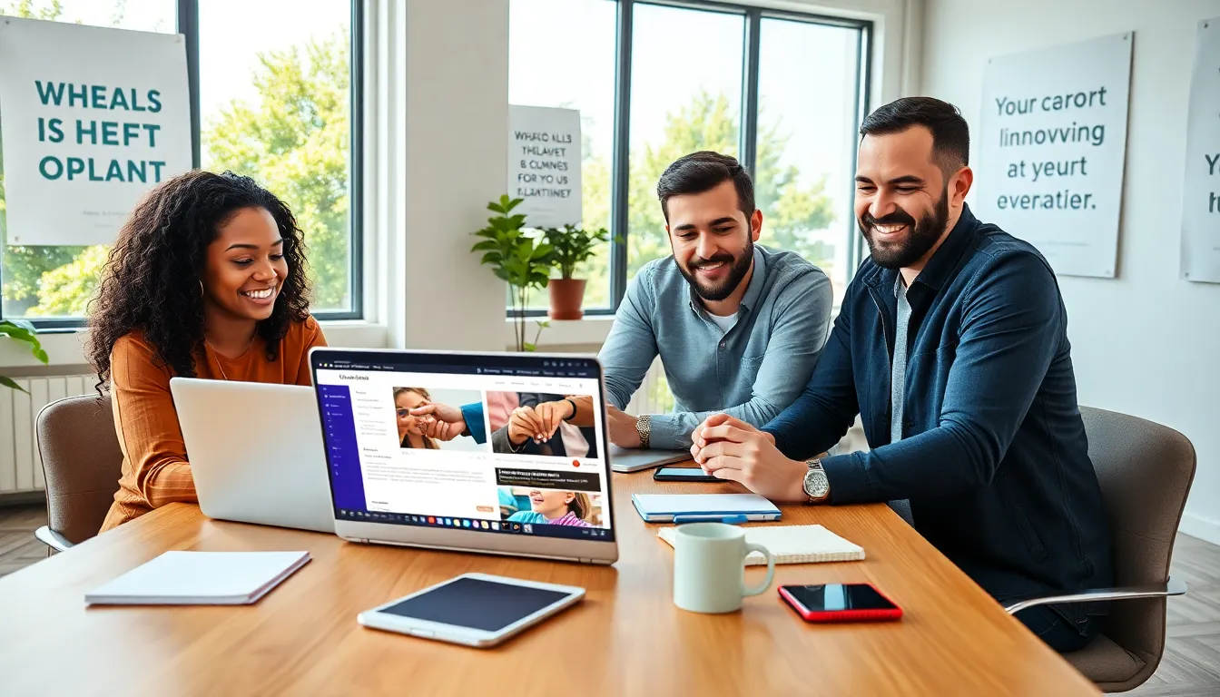three young adults collaborating on event planning in a modern workspace.